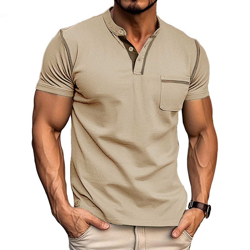 Men's Casual Colorblock Henley Collar Short Sleeve T-Shirt