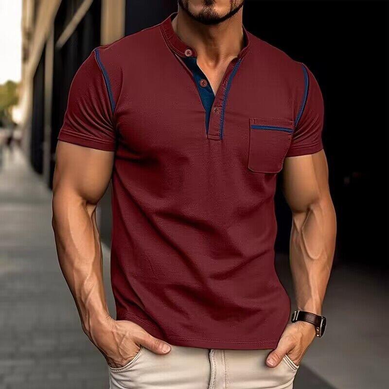 Men's Casual Colorblock Henley Collar Short Sleeve T-Shirt