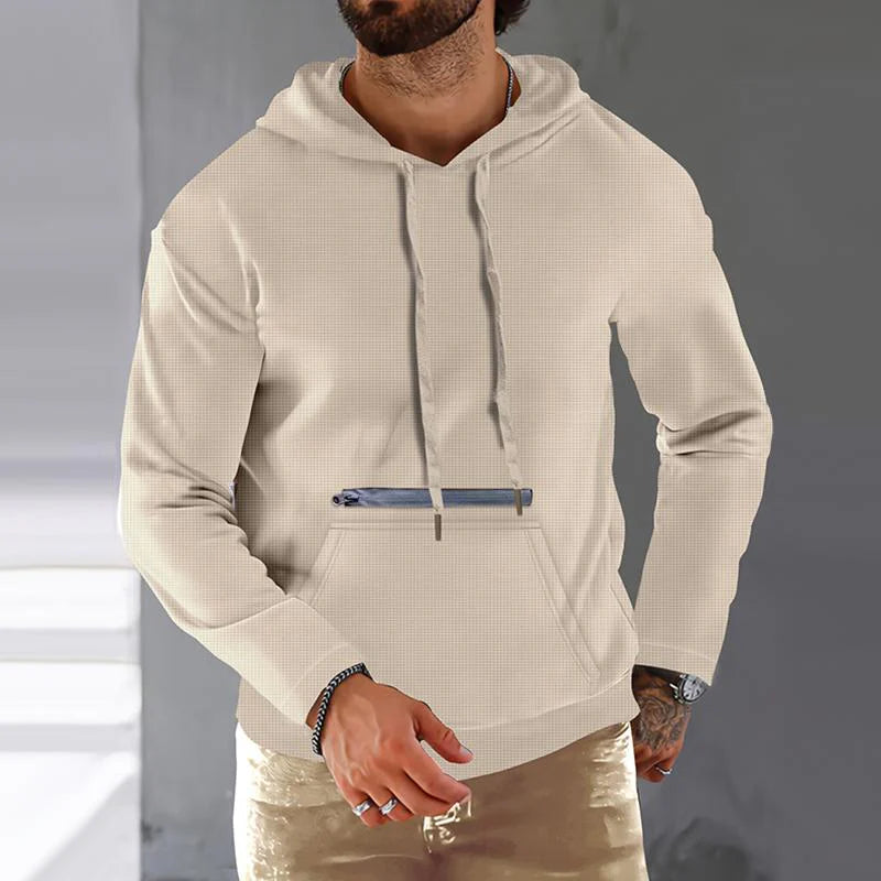 Men's Solid Waffle Zip Decor Long Sleeve Hoodie