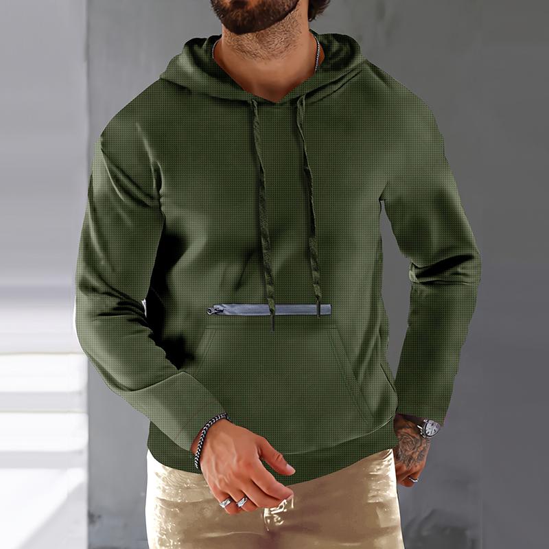 Men's Solid Waffle Zip Decor Long Sleeve Hoodie