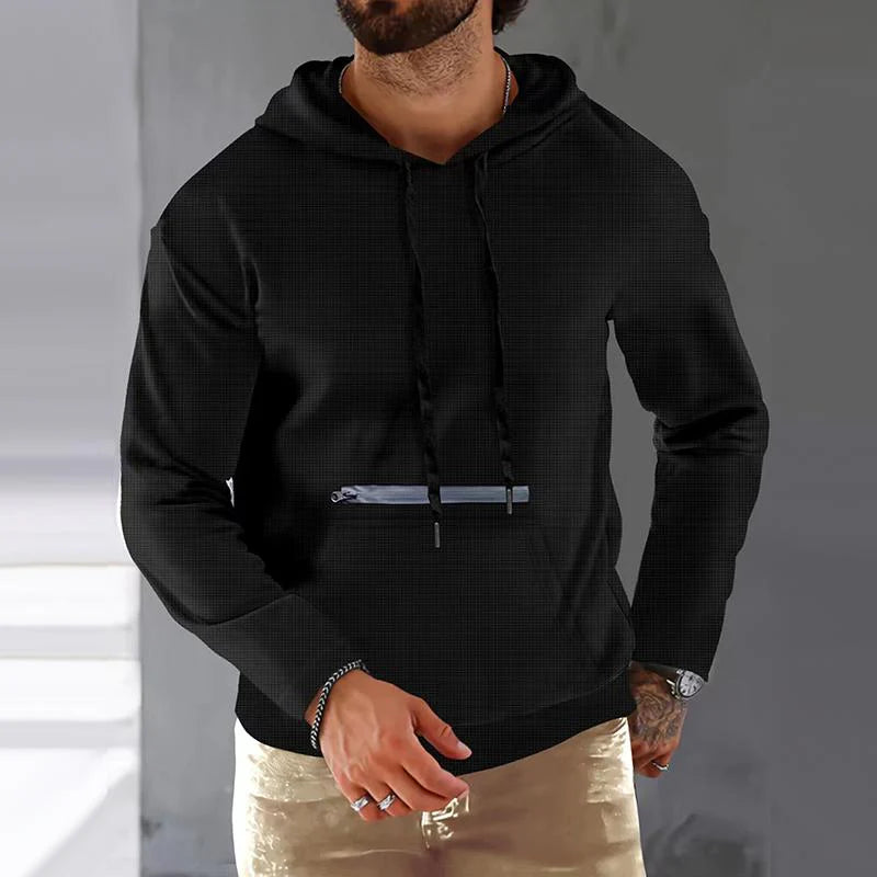 Men's Solid Waffle Zip Decor Long Sleeve Hoodie