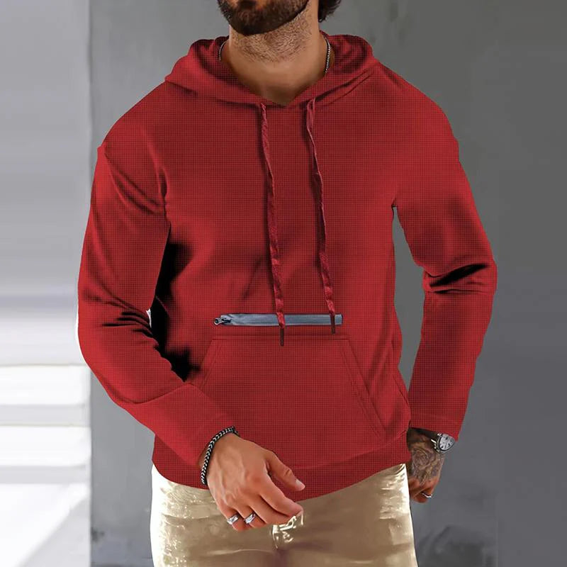 Men's Solid Waffle Zip Decor Long Sleeve Hoodie